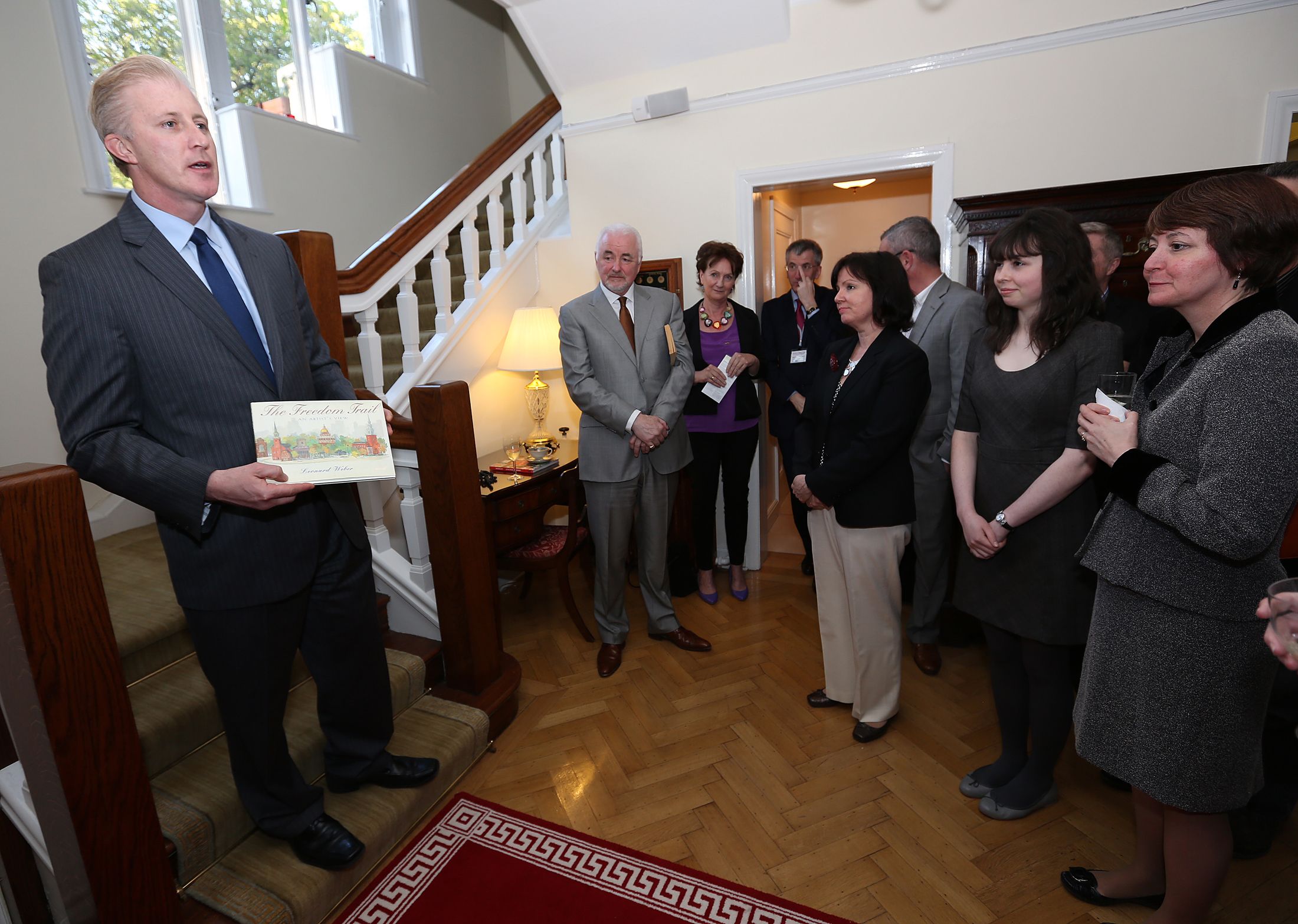 FOUR-SQUARE SUPPORT FOR PEACE ACCORDS: Eugene O'Flaherty addressing a reception at the residence of the US Consul General in Belfast