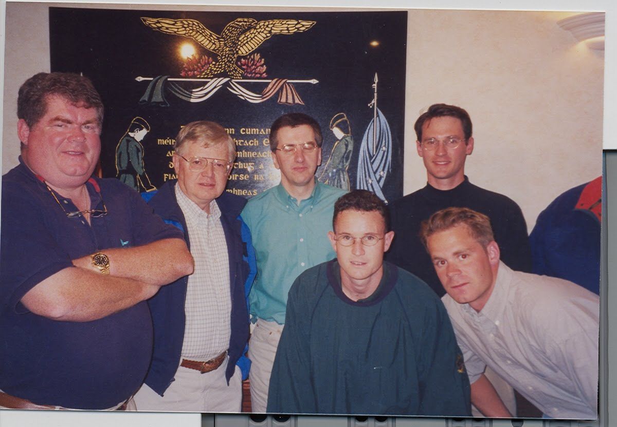 OFF THE BEATEN TRACK: Charlie McCabe (second from left), uniquely among U.S. golfing tourists to Ireland, included visits to the H-Blocks of Long Kesh on the itinerary. In this picture, he is with life-long friend Dan Cremins (l) in the Irish Republican Felons club in West Belfast.