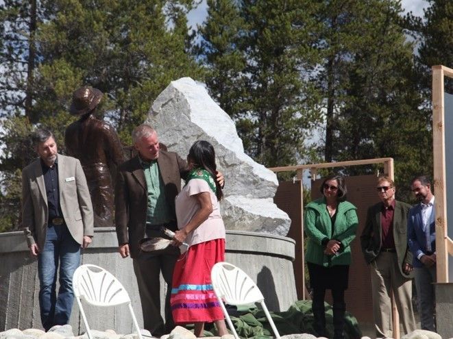 L-R Alan Groarke, Prof. James Walsh, Southern Ute Tribe Member Cassandra Atencio, Kathleen Fitzsimmons, Greg Labbe (Mayor of Leadville), Ireland Consul General, Micheál Smith. Credit: ‘Sean McKernan – Shoot Belfast’