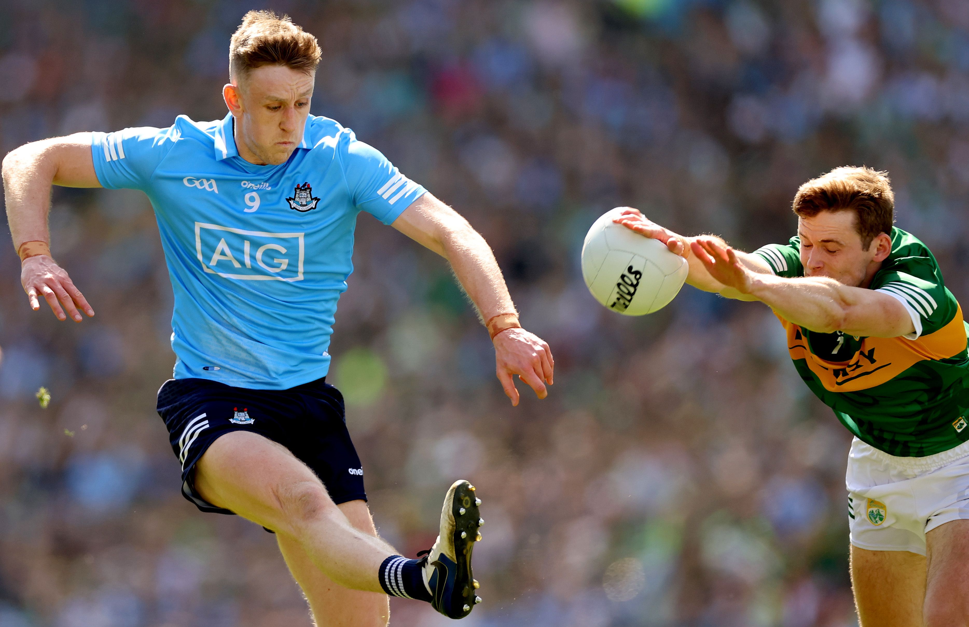 Dublin’s Tom Lahiff has a shot blocked by Gavin White of Kerry in the All Ireland semifinal at Croke Park on July 10. INPHO/JAMES CROMBIE