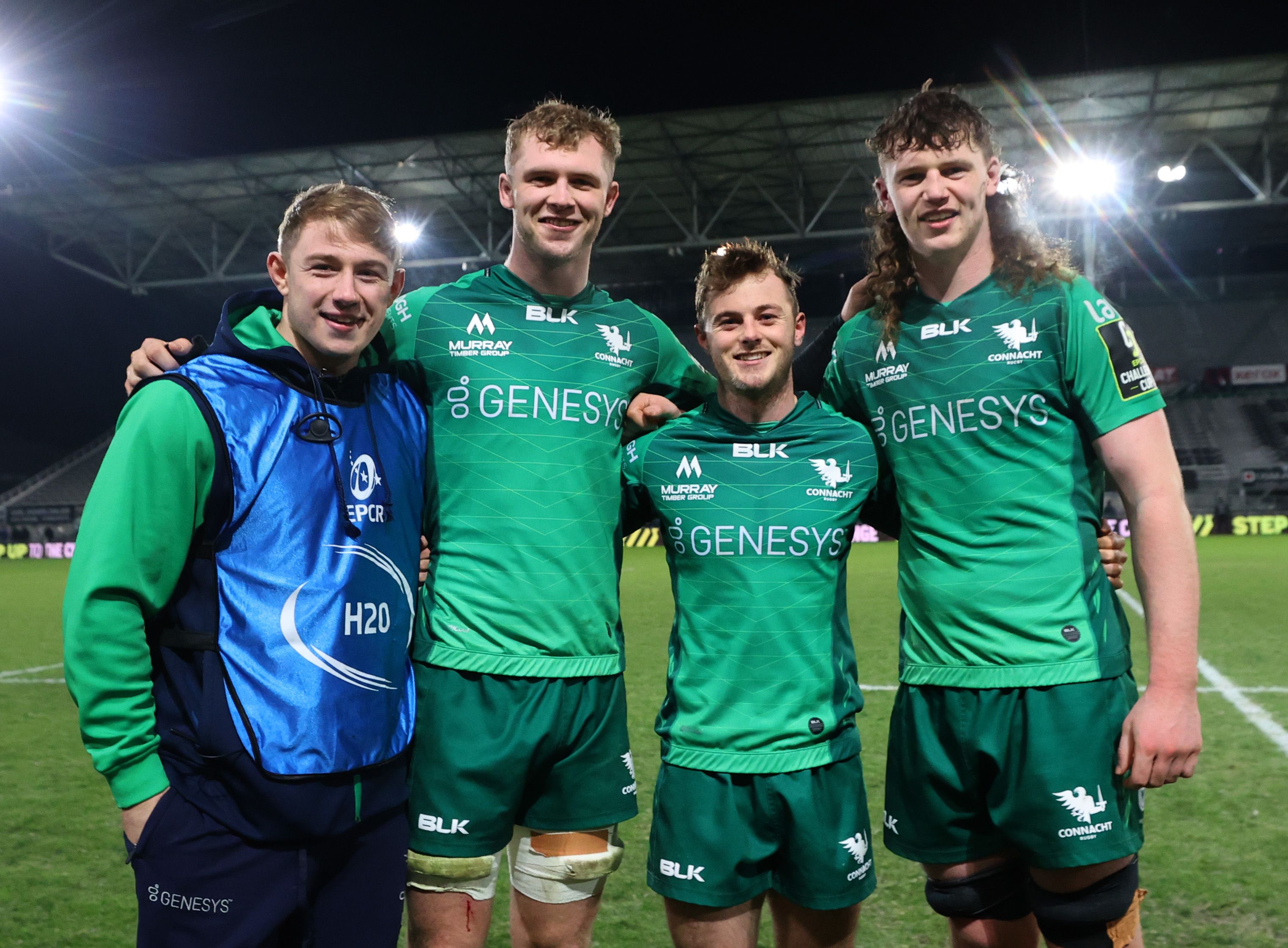 Connacht’s Oisin McCormack, Niall Murray, Colm Reilly and Darragh Murray celebrate their win after the game in France. INPHO/BRYAN KEANE