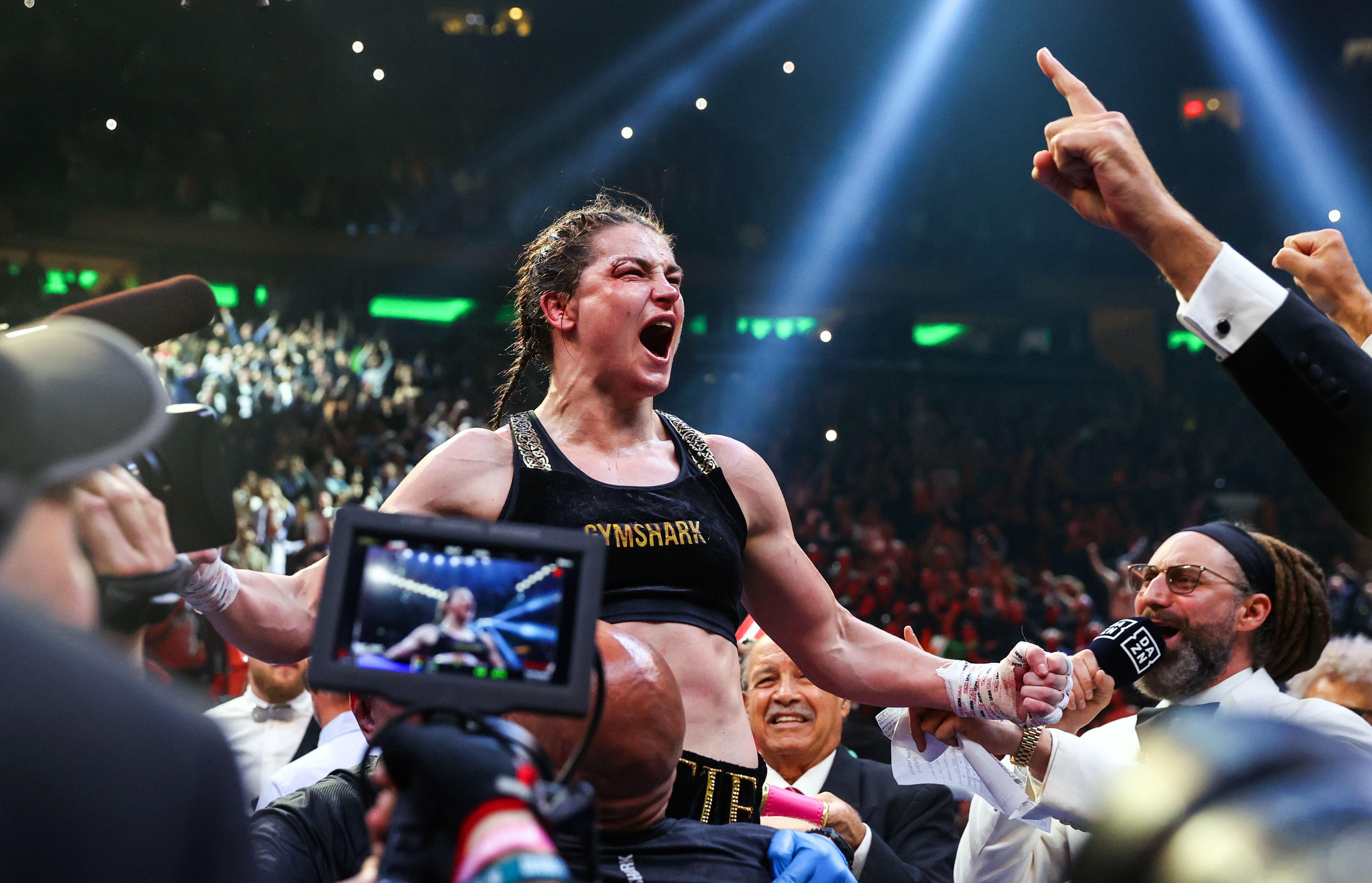 Katie Taylor shows her delight at her win over Amanda Serrano at Madison Square Garden on April 30. INPHOGARY CARR