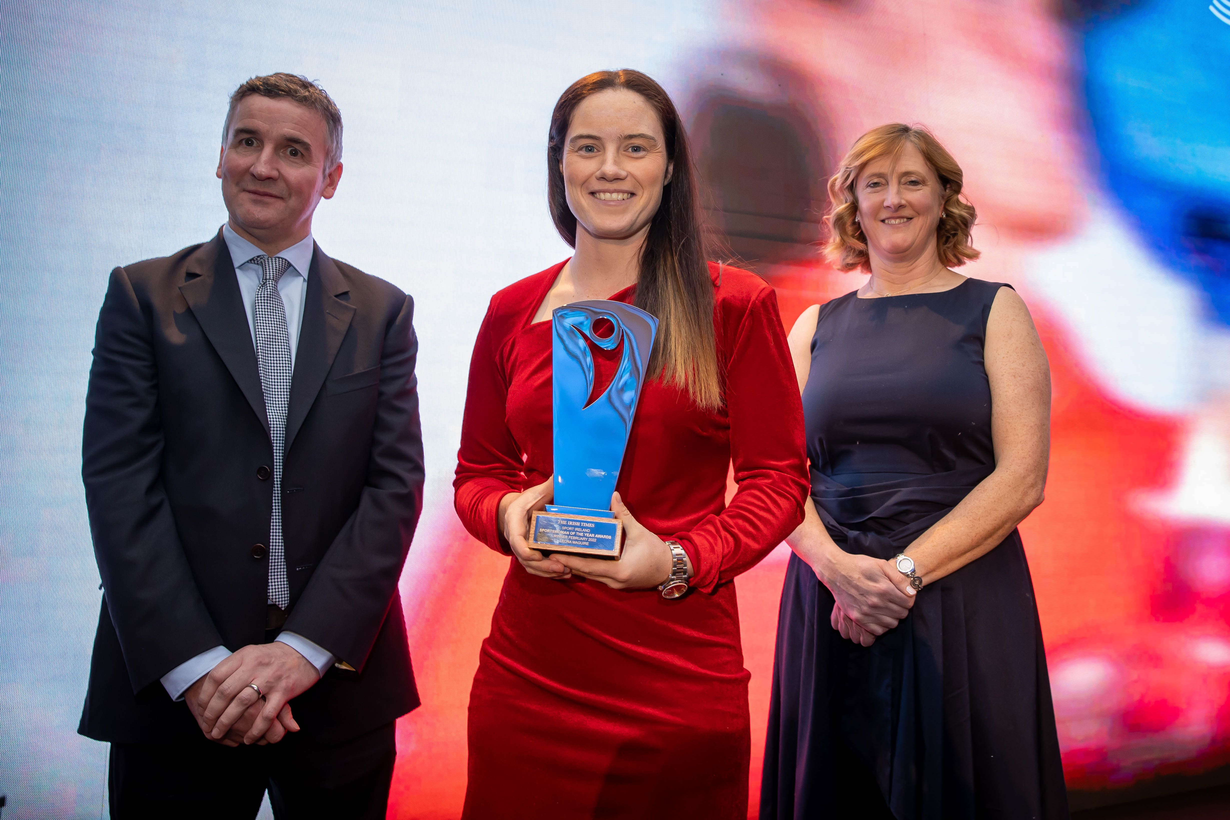 Leona Maguire was the February winner in the 2022 Irish Times Sportswoman of the Year awards held at the Shelbourne Hotel, Dublin, on Dec. 20. Noel O’Reilly, the Irish Times sports editor, and Dr. Una May, CEO of Sports Ireland, are also pictured. INPHO/MORGAN TREACY
