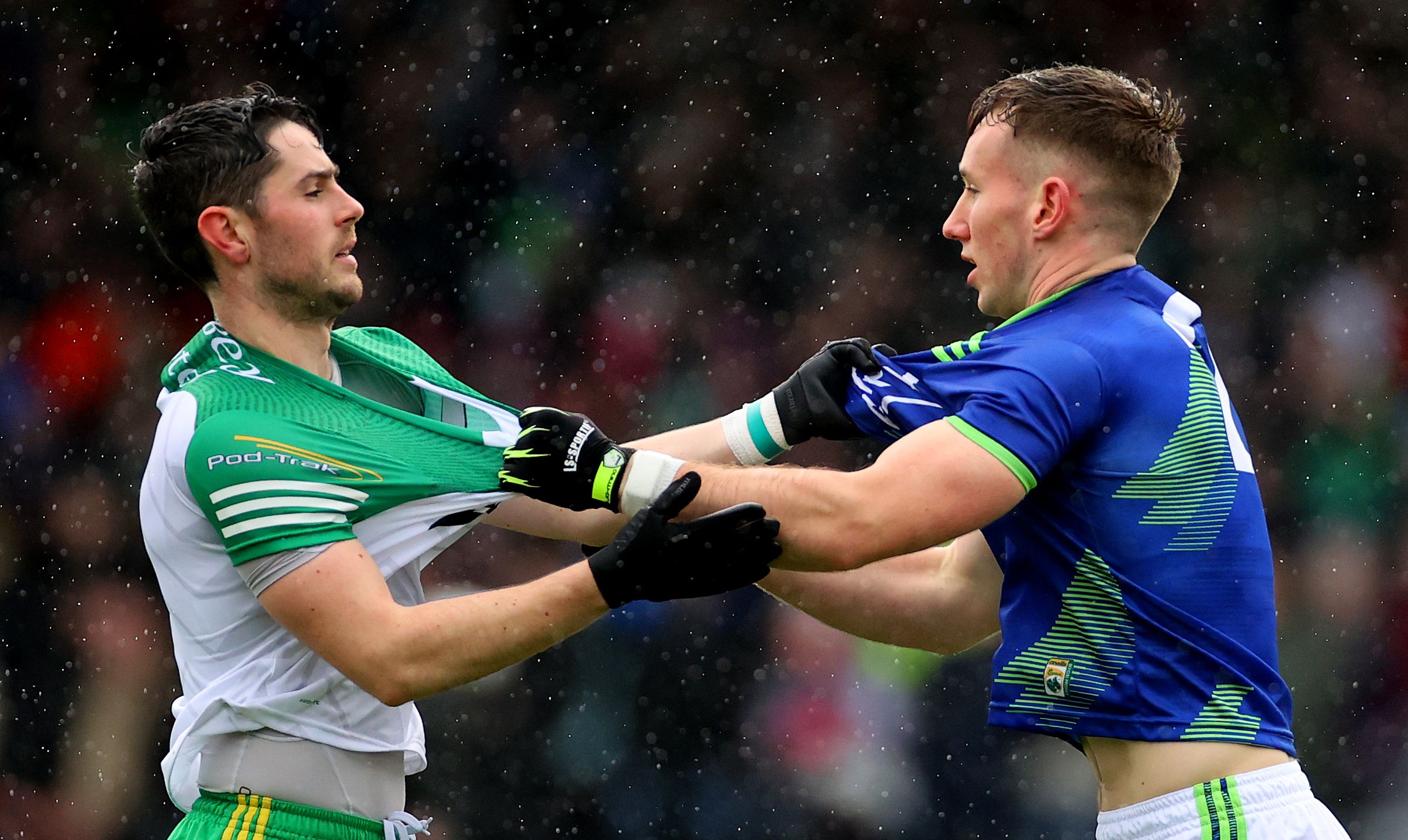 Donegal’s Ryan McHugh, left, and Dan O'Donoghue of Kerry clash. INPHO/JAMES CROMBIE