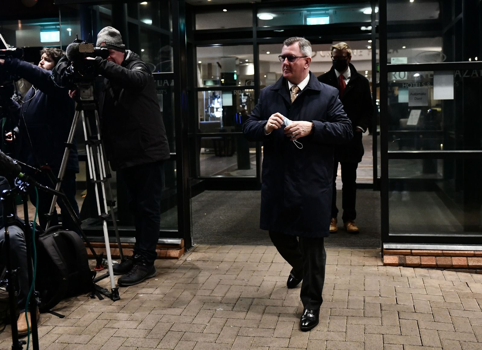 LEADER LESS: Jeffrey Donaldson MP, the DUP leader, leaves the press conference in South Belfast at which the DUP First Minister announced he was resigning and effectively pulling down the government. Picture credit: Pacemaker