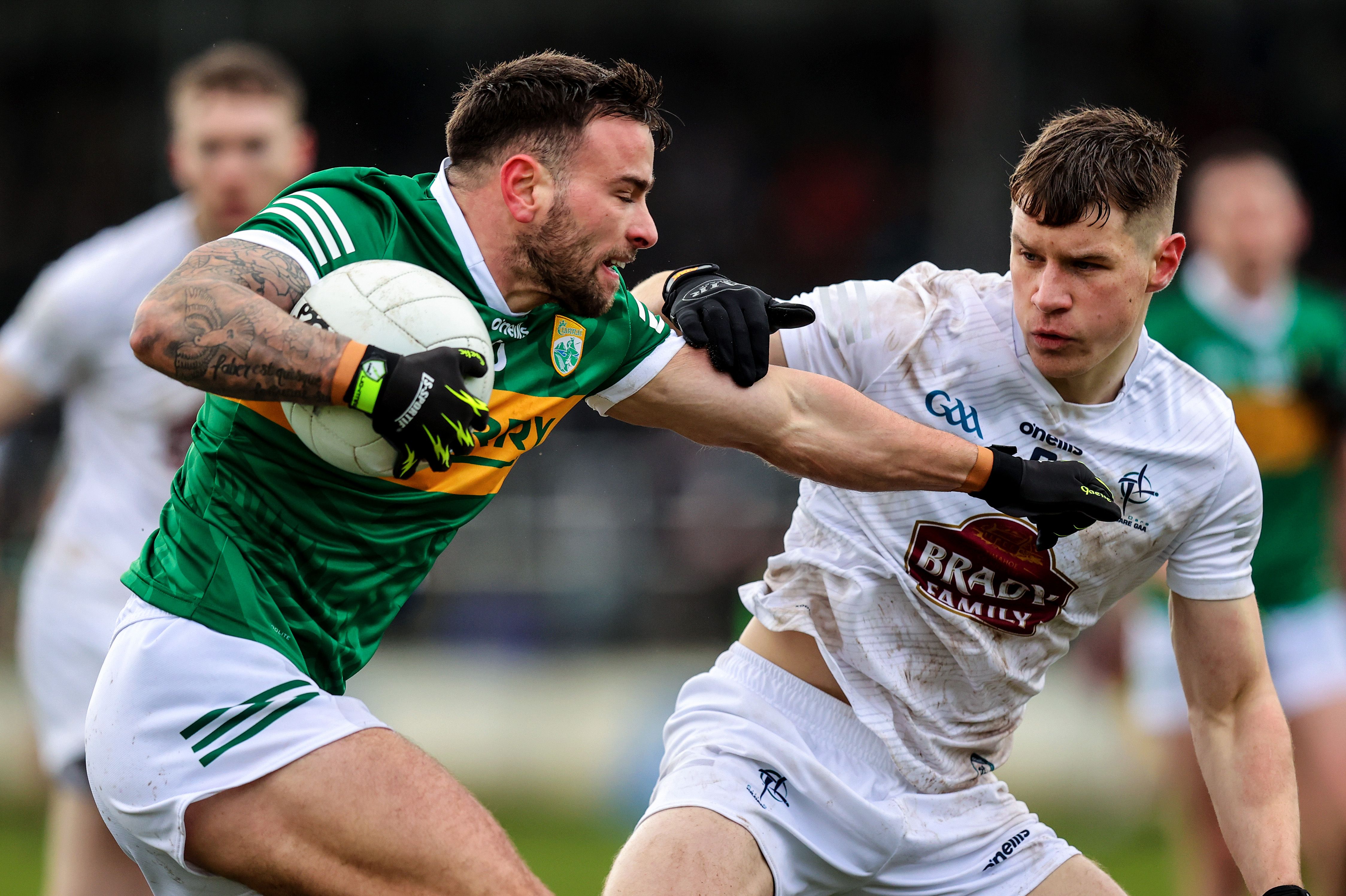 Kerry’s Micheal Burns, left, and Jack Sargent of Kildare in action at Newbridge. INPHO/RYAN BYRNE