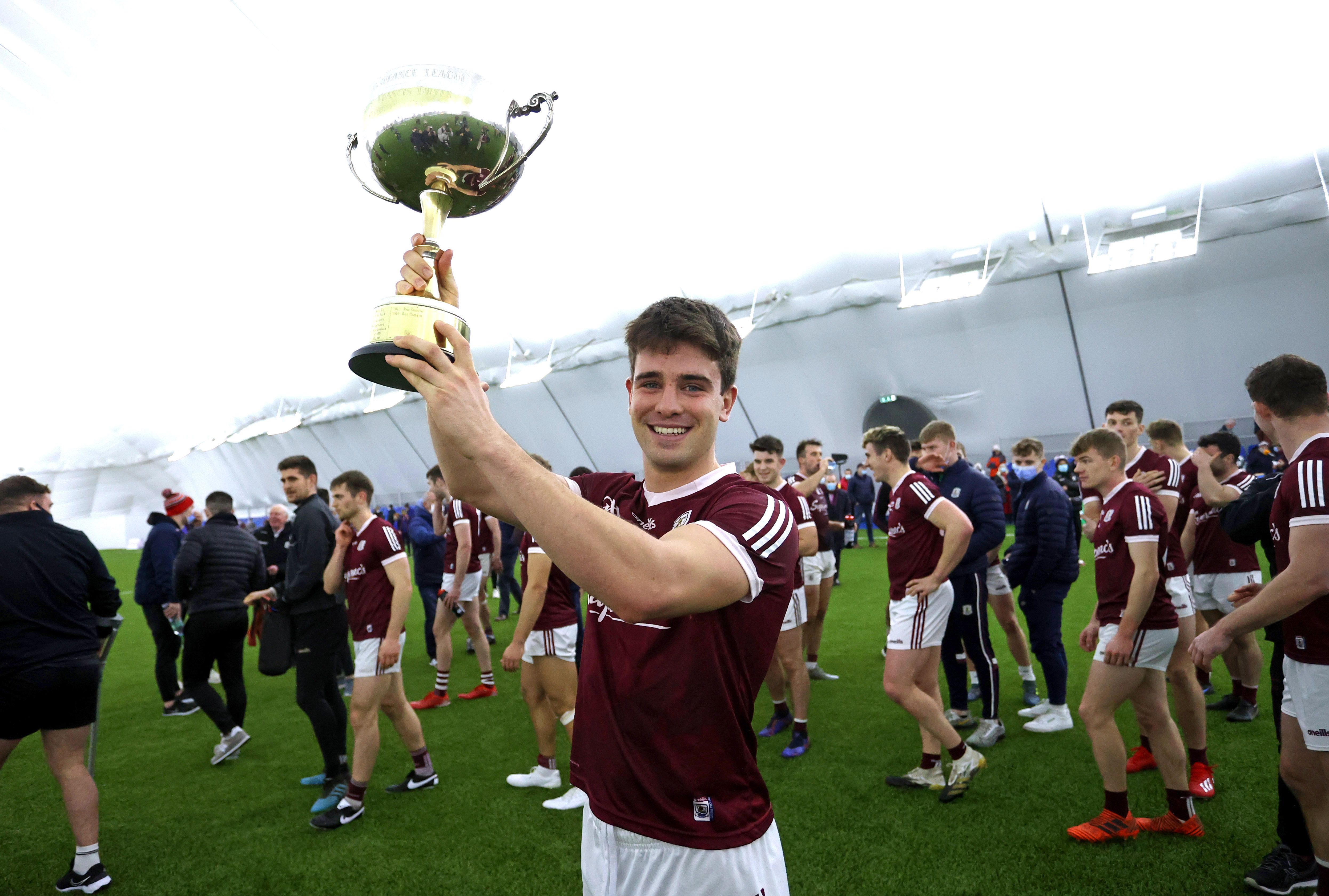 Galway’s Sean Kelly with the Connacht FBD trophy after the defeat of Roscommon in the Connacht GAA Air Dome in January. INPHO/TOM MAHER