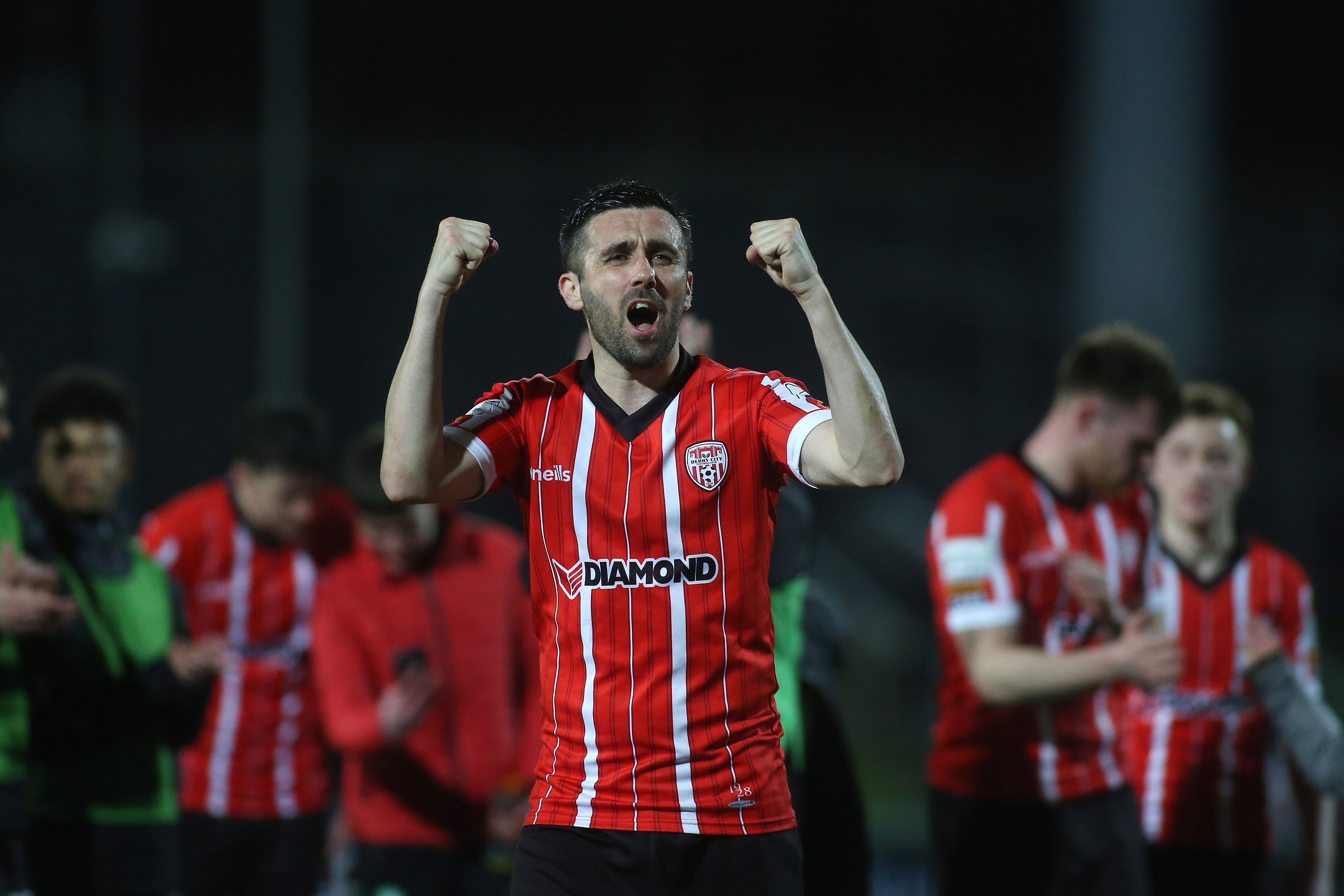 Derry City’s Daniel Lafferty celebrates Friday night’s win over St. Patrick’s Athletic at the Brandywell.  INPHO/LORCAN DOHERTY