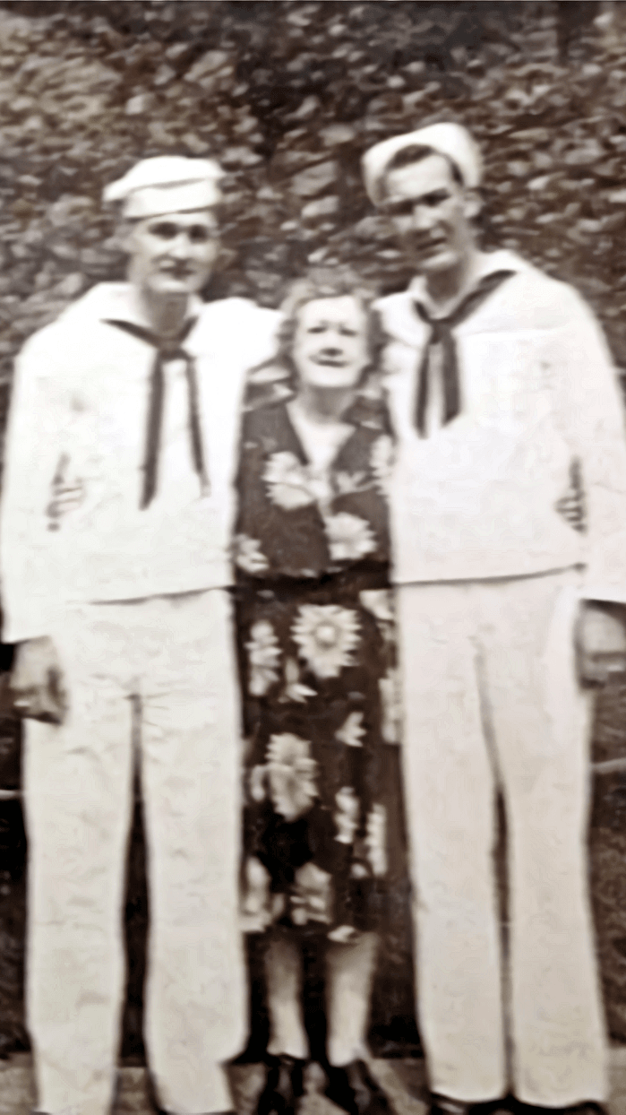 Neil Cosgrove's father Terence (left) and Uncle Bill (right) in Navy uniform with their mother Elizabeth.