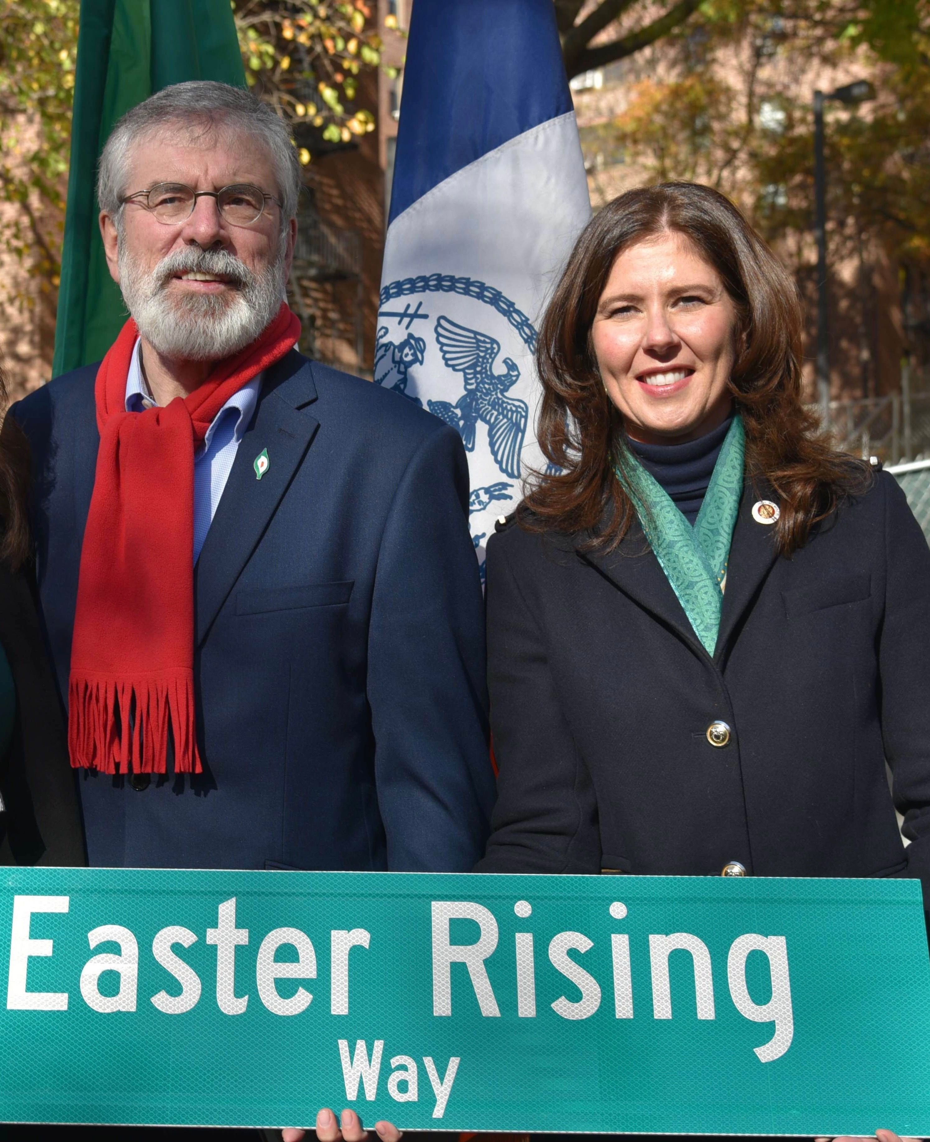 CENTENARY: At the unveiling of Easter Rising Way in Queens, Gerry Adams and Elizabeth Crowley