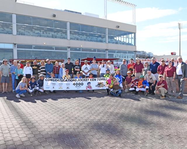 Jockey Ken Tohill is congratulated upon career victory 4,000 at Prairie Meadows in Iowa. COADY PHOTOGRAPHY