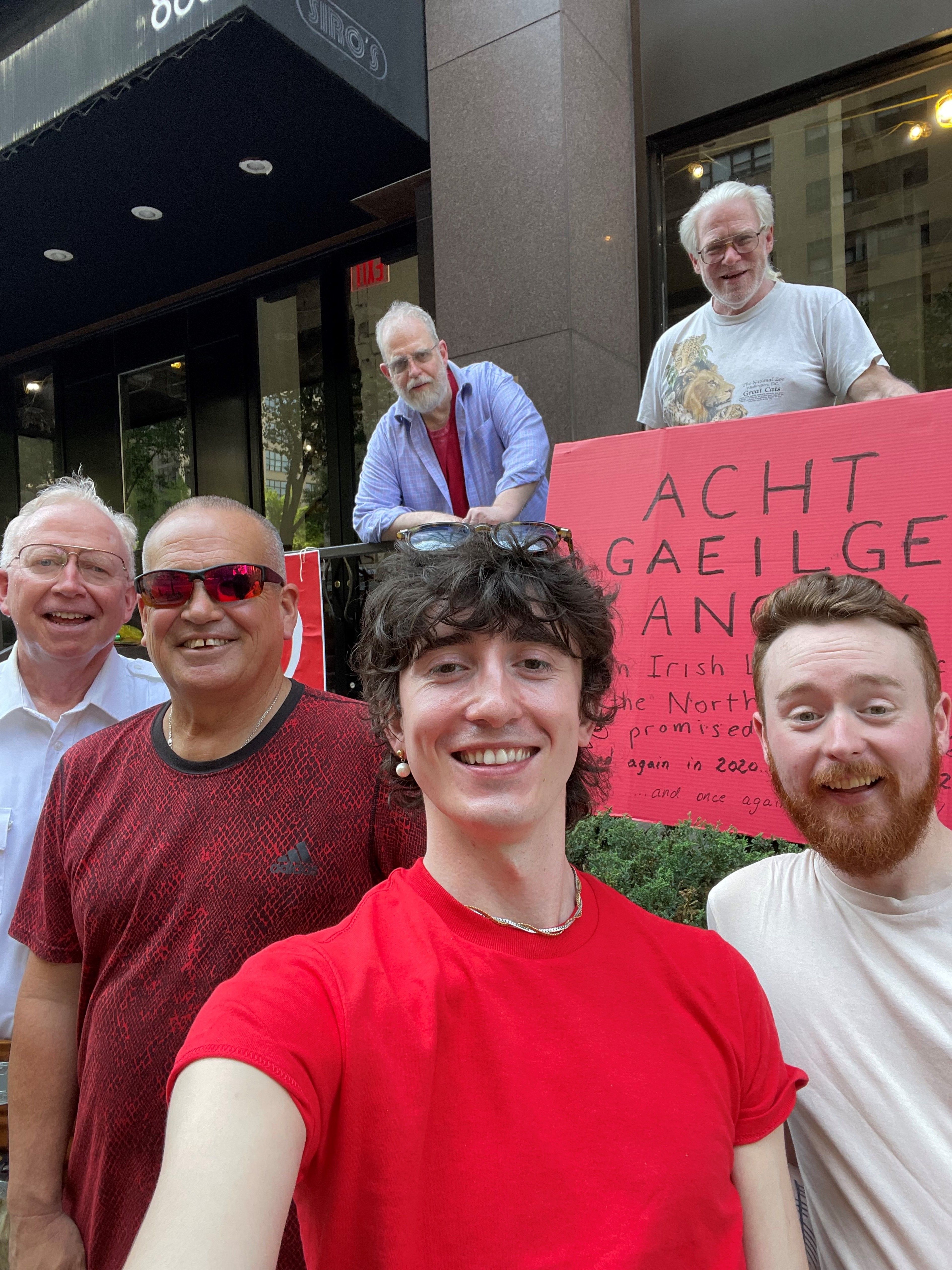 DEARG LE FEARG: Seosamh Mac Seoin and fellow-Big Apple Irish speakers protesting outside the British Consulate to demand an Irish language act in the North of Ireland