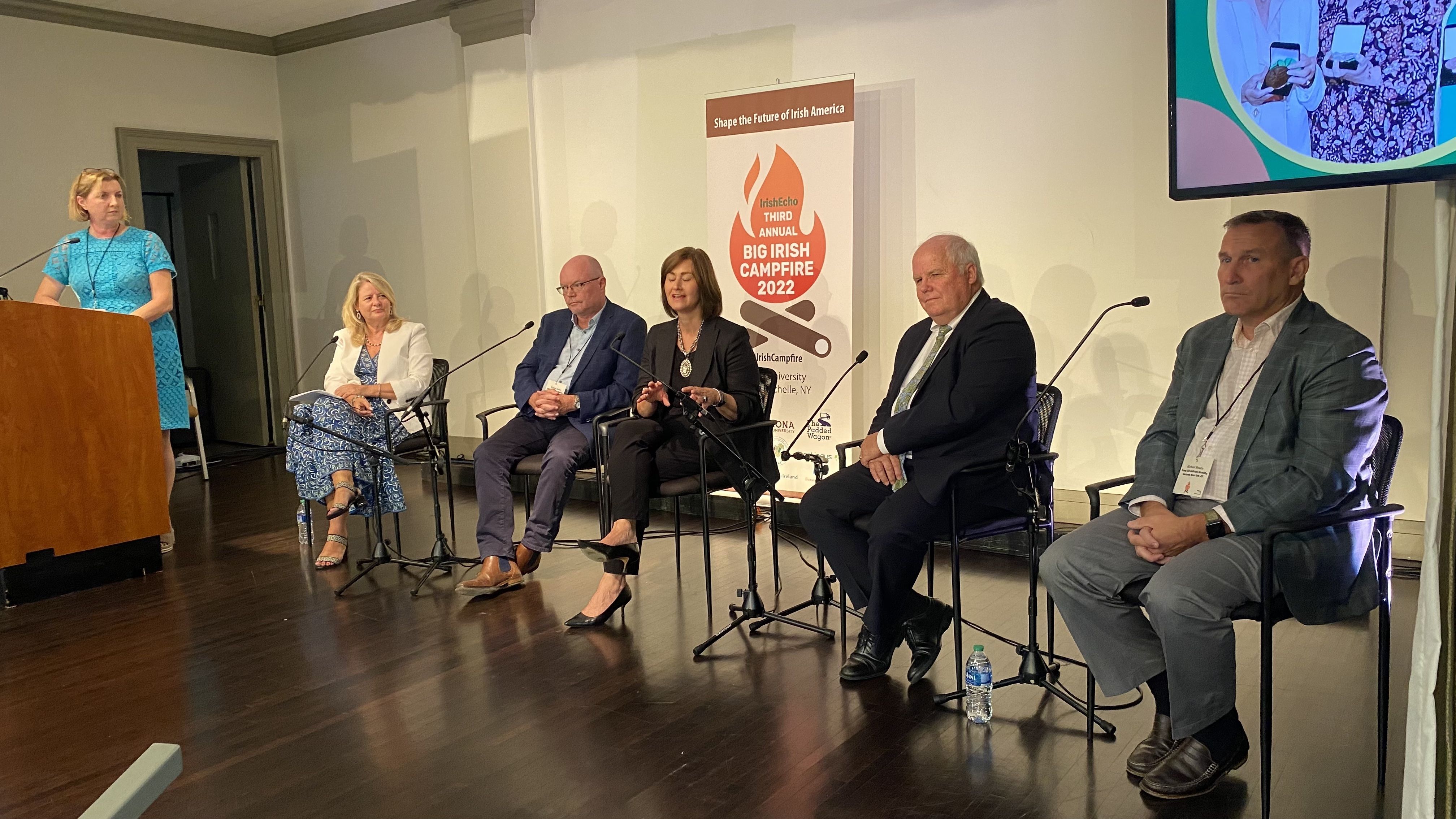 GREEN MACHINE: Addressing a panel on marketing Ireland in US moderated by Sara Stanton of Cara Travel, were Ruth Moran of Tourism Ireland, Michael Morris of Hinch Distillery, Elizabeth Crabill of CIE Tours, Jeff Wright of Aer Linugus and Michael Meade of Sullivan's Brewing Company