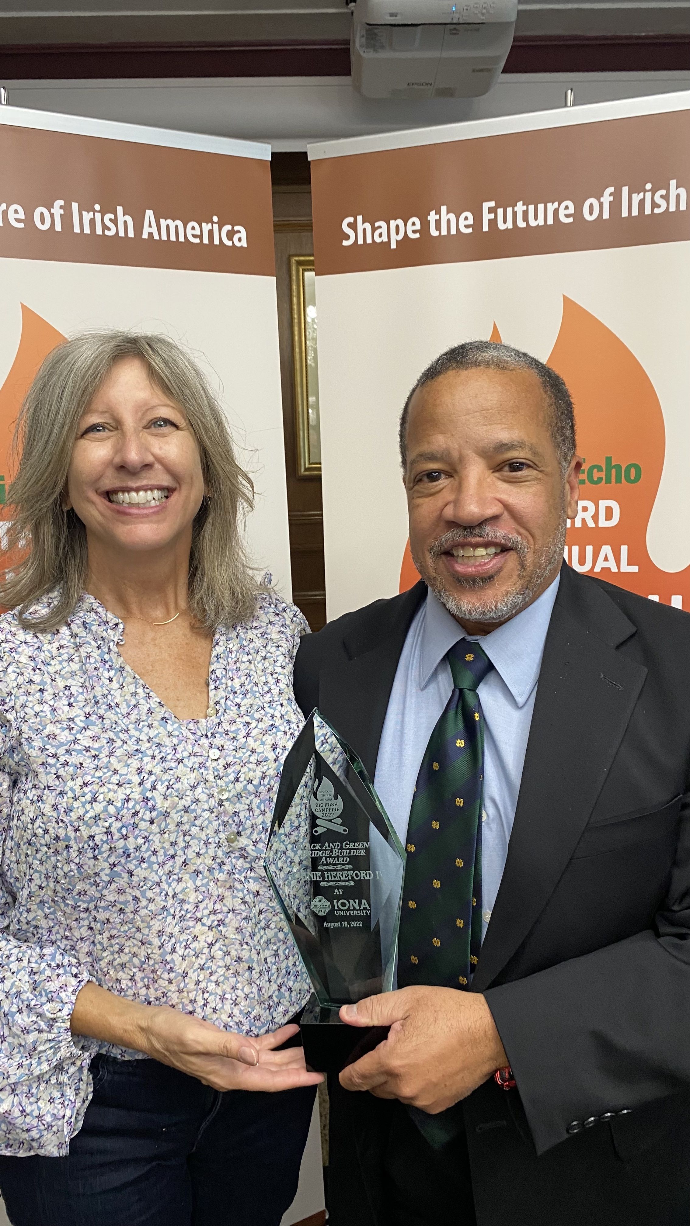'INCLUSION CALL': Pictured with girlfriend Tracy deBerry after accepting the 'Black and the Green Award' is Sonnie Hereford IV of Huntsville, AL, who urged delegates to treasure their Irish networks but always to be "inclusive"
