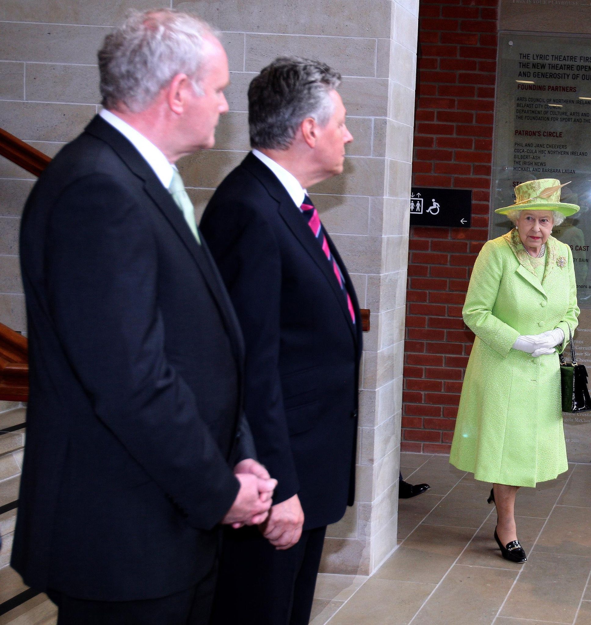 Queen Elizabeth about to meet and shake hands with Martin McGuinness and Peter Robinson in Belfast, June, 2012. RollingNews.ie/PA photo.