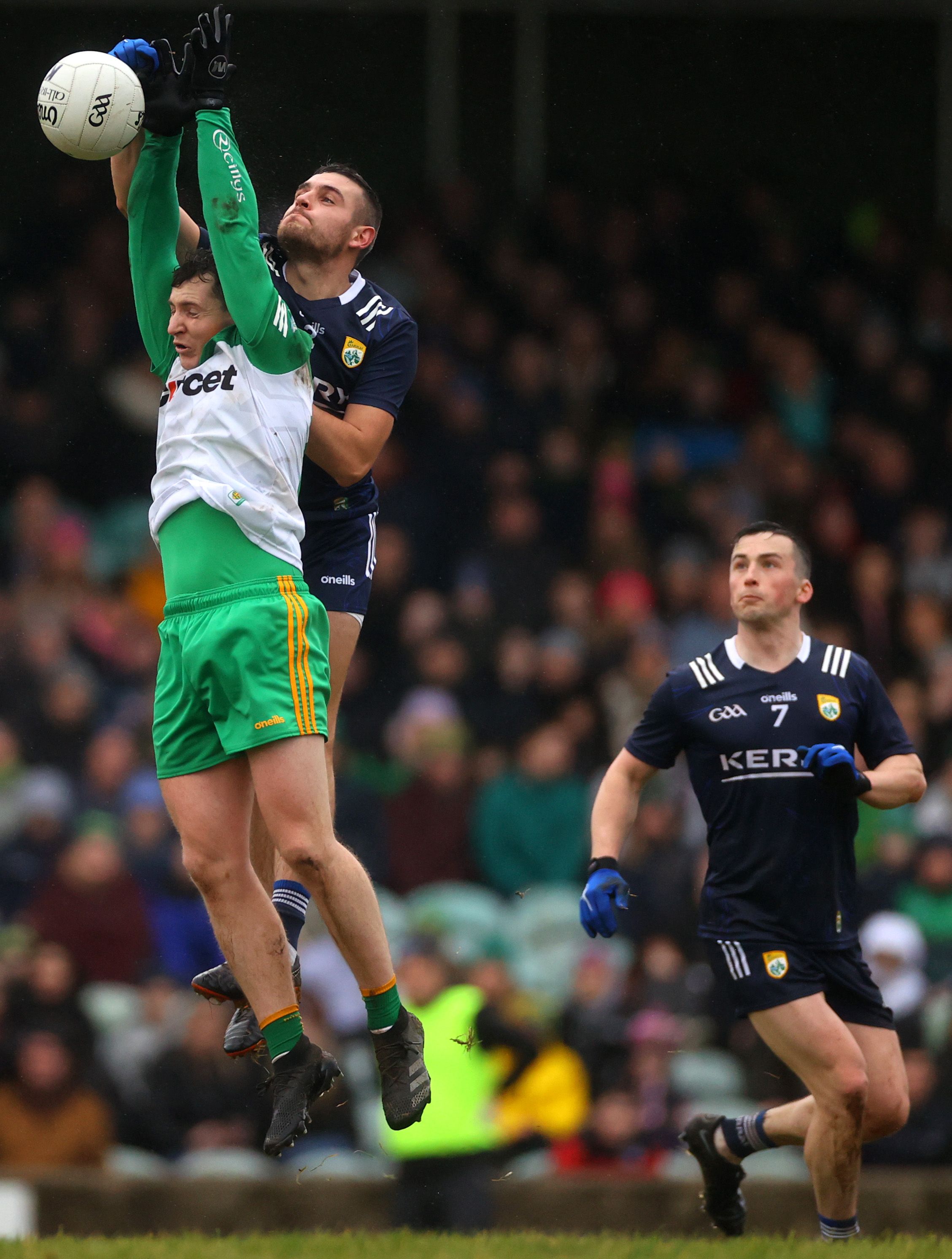 Donegal’s Jamie Brennan and Graham O’Sullivan of Kerry competing for possession in Ballybofey.  INPHO/JAMES CROMBIE