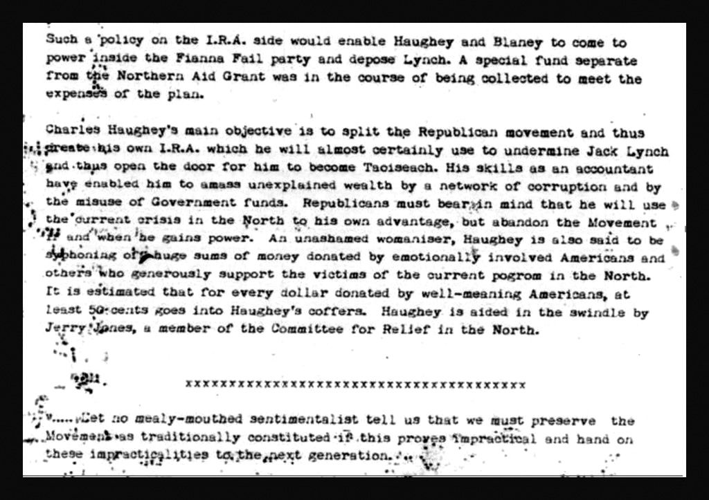 A section of an Information Research Department document used to smear Charles Haughey.