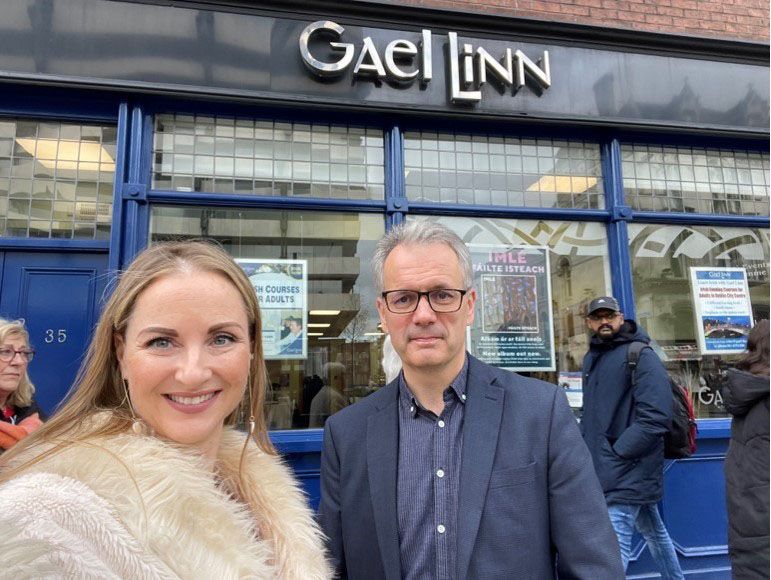 Natalie Nugent O’Shea & Réamonn Ó Ciaráin at Gael Linn headquarters as they were arranging their partnership.