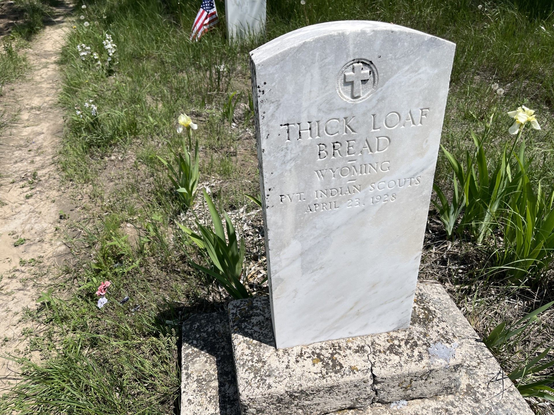 The resting place of "Thick Loaf Bread," who was a private in the Indian Scouts unit in Wyoming. He died in 1928.
