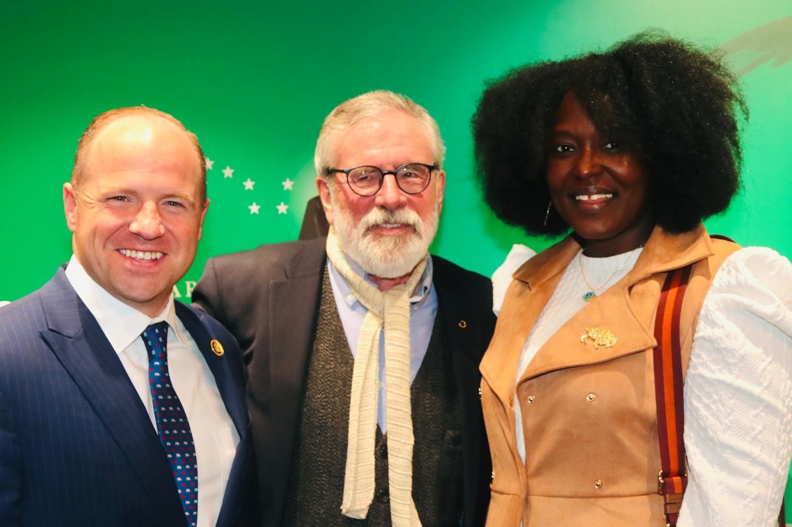 WARM RECEPTION: Congressman Tim Kennedy and Zeneta Everhart were welcomed to the James Connolly Centre in West Belfast by Gerry Adams