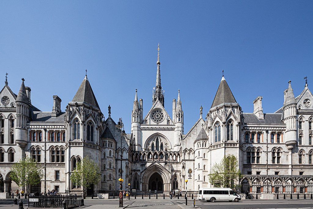 The imposing facade of the Royal Courts of Justice in London.
