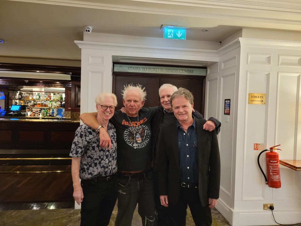 At the Europa Hotel in Belfast (l-r): Larry Kirwan, Greg Cowan, Terri Hooley and Aidan Murtagh. Photo by Bridie Donnelly. 
