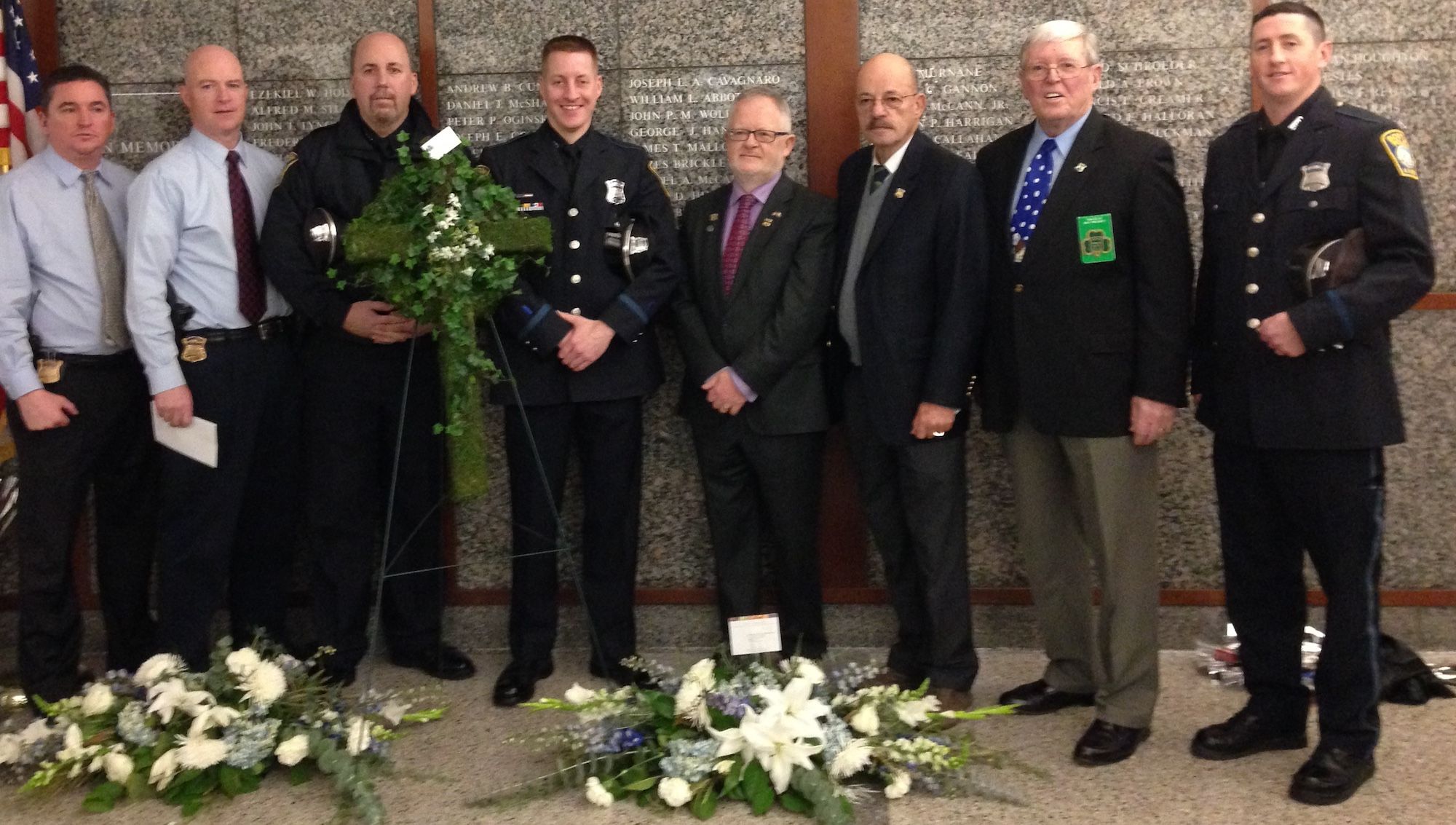 FLASHBACK TO 2014: Emerald Society Past Presidents at BPD Headquarters Fallen Law Enforcement Officers Wall (L-R) Billy Kelly, Frank McLaughlin, Jim O'Loughlin, Liam Hawkins, Consul General of Ireland Breandán Ó Caollaí, Steve DaCorta, Tom Miller and Ned Dervan