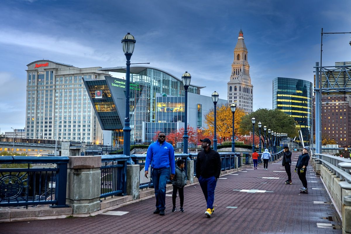 BRIDGING DIVIDE: On the Founders' Bridge in Hartford, capital of Connecticut