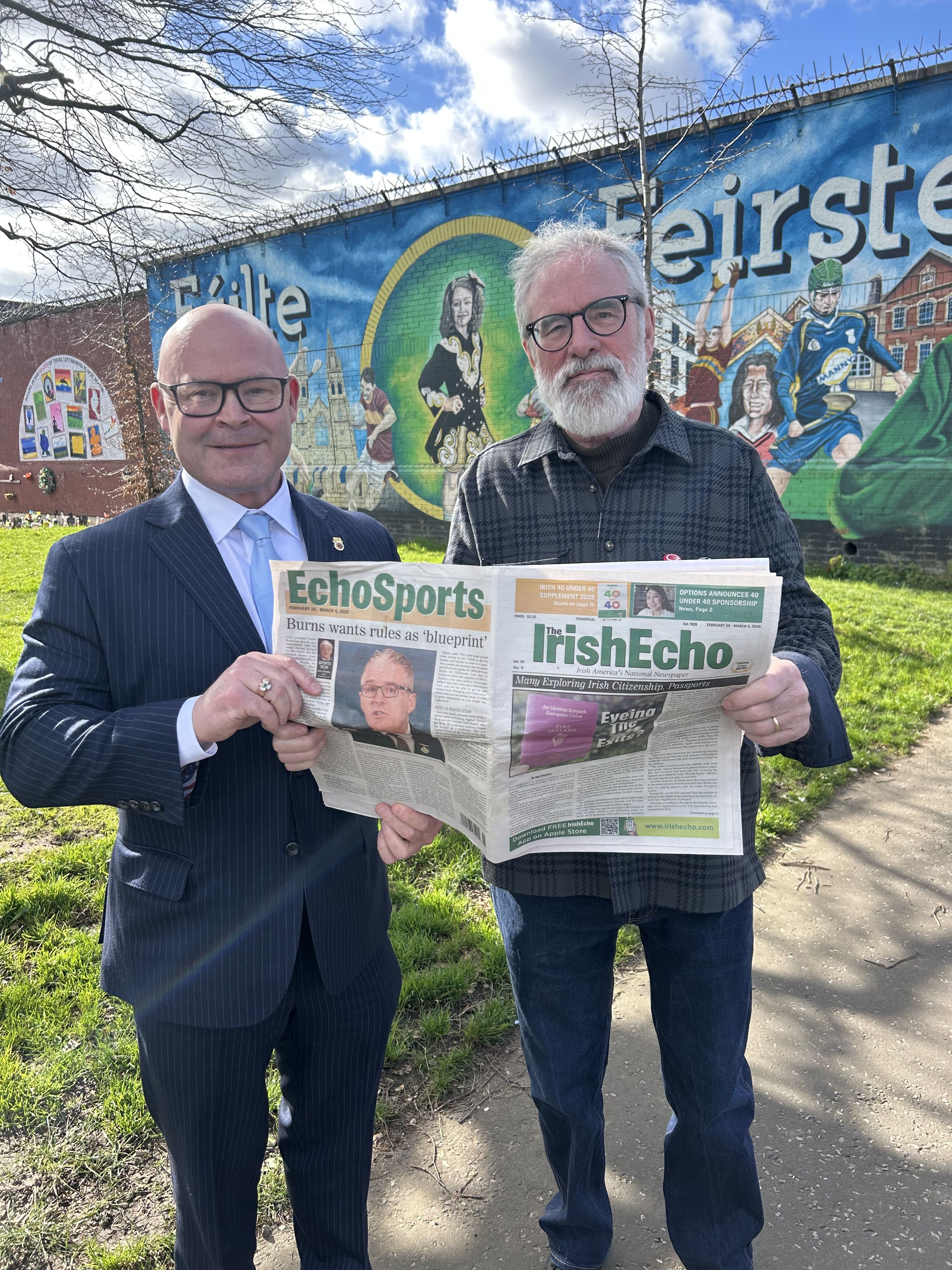 READ ALL ABOUT IT! Sean O'Brien and Gerry Adams catch up with the latest news on the Falls Road in West Belfast
