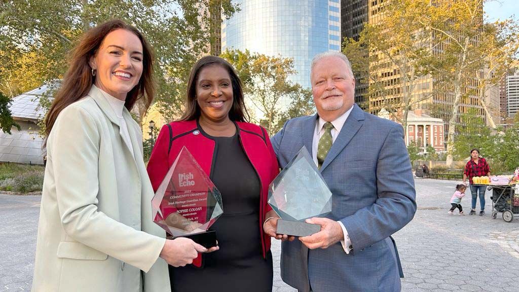 Sophie Colgan, AG Leititia James and Brian McCabe.