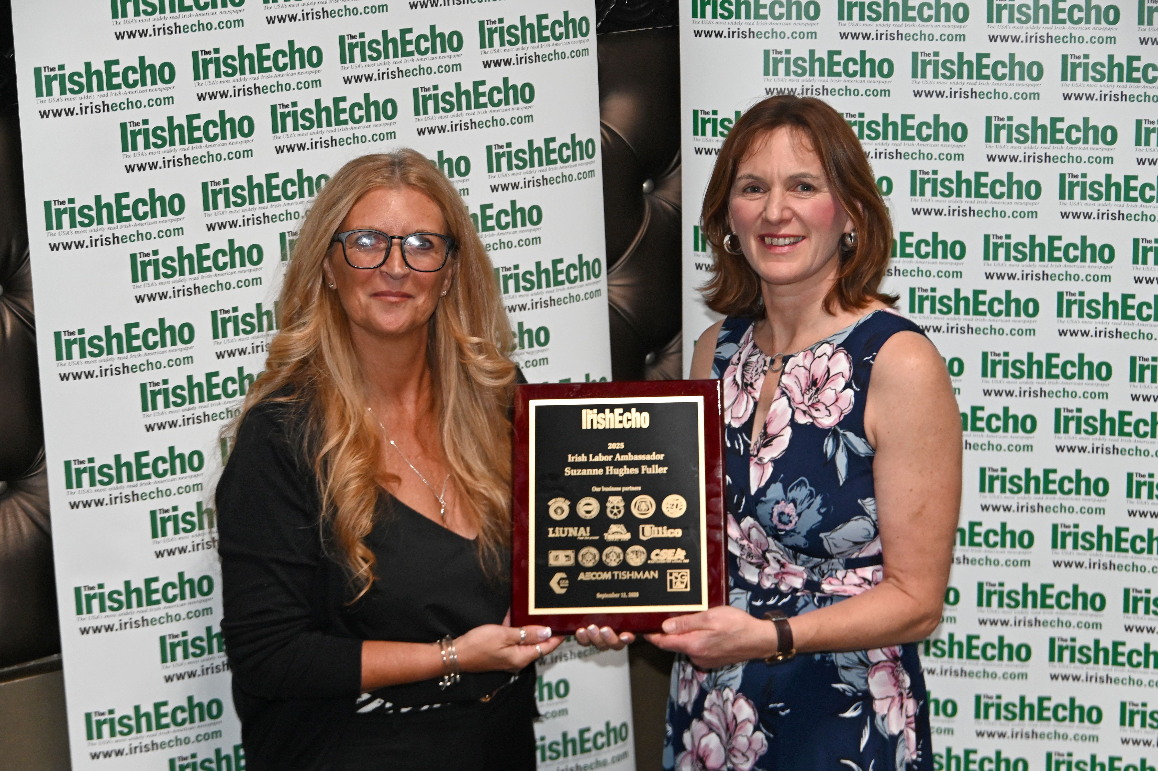 TRIBUTE: Aoife Ní Mhuirí of Salaso Healthcare presents her Labor Ambassador award to Suzanne Hughes Fuller of the Town of Harrison
