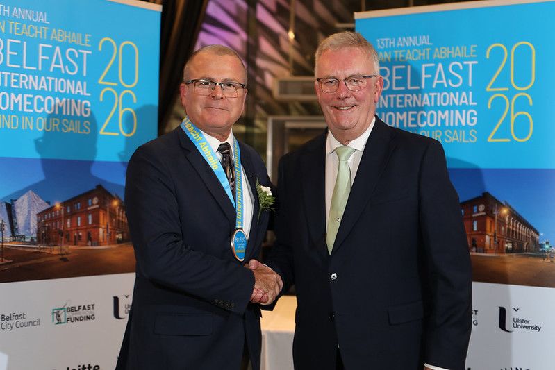 SALUTE: Mike Nesbitt, Hon Chair of the Homecoming and member of NI Assembly presents Ambassador medal to Col (Rtd.) Patrick Callahan of NJ State Troopers