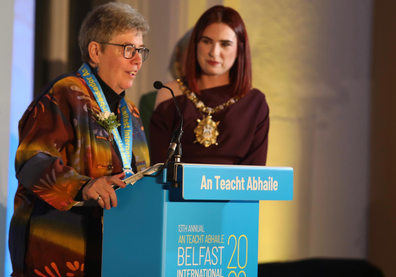 BOSTON BEACON: Liz Breadon, President of Boston City Council, addresses the Homecoming Medal after being honored by Belfast Lord Mayor Roismáire Donnelly