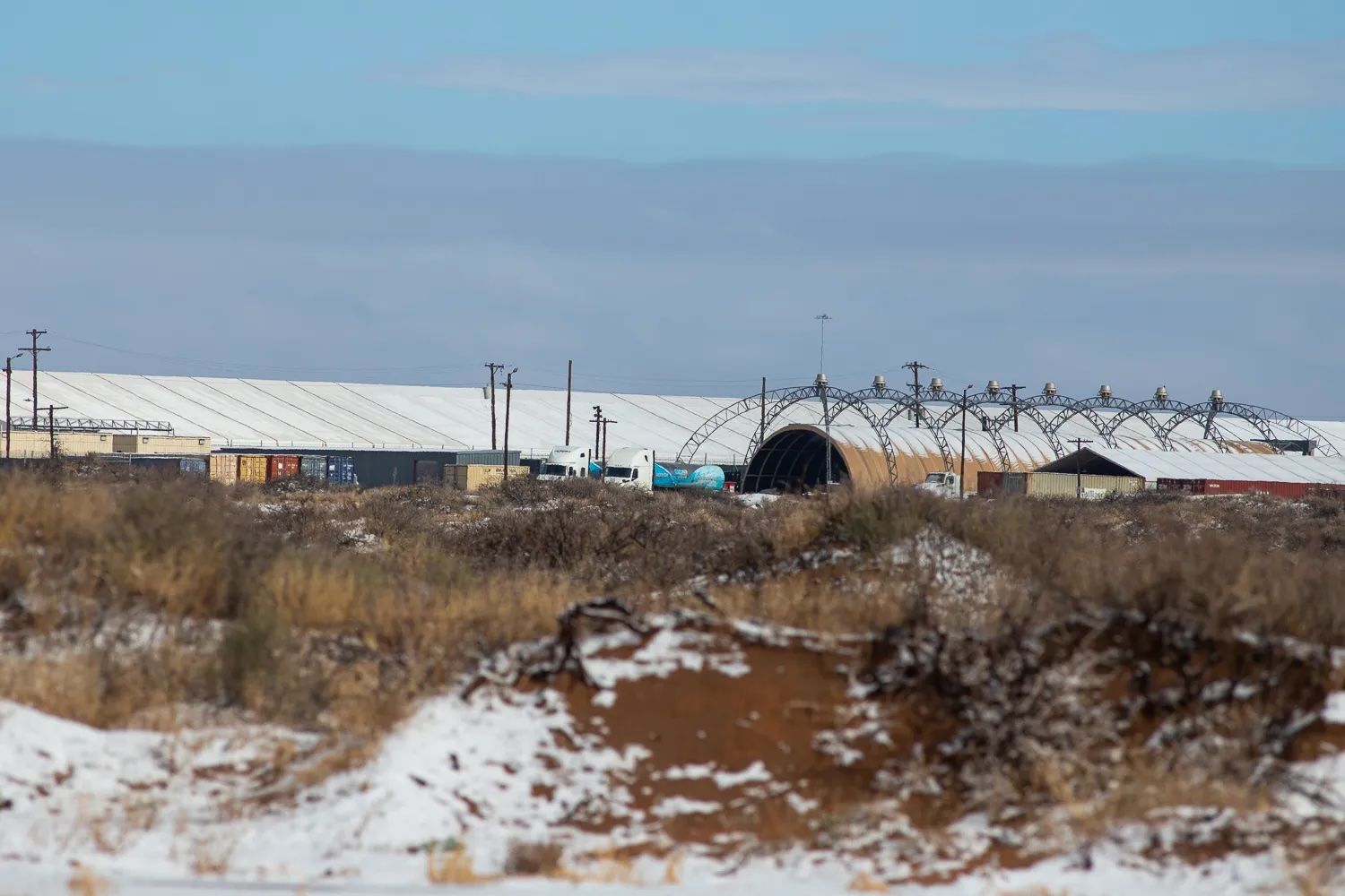 The Camp East Montana migrant detention facility, shown Jan. 25, holds thousands of detainees from across the country. (Corrie Boudreaux/El Paso Matters)