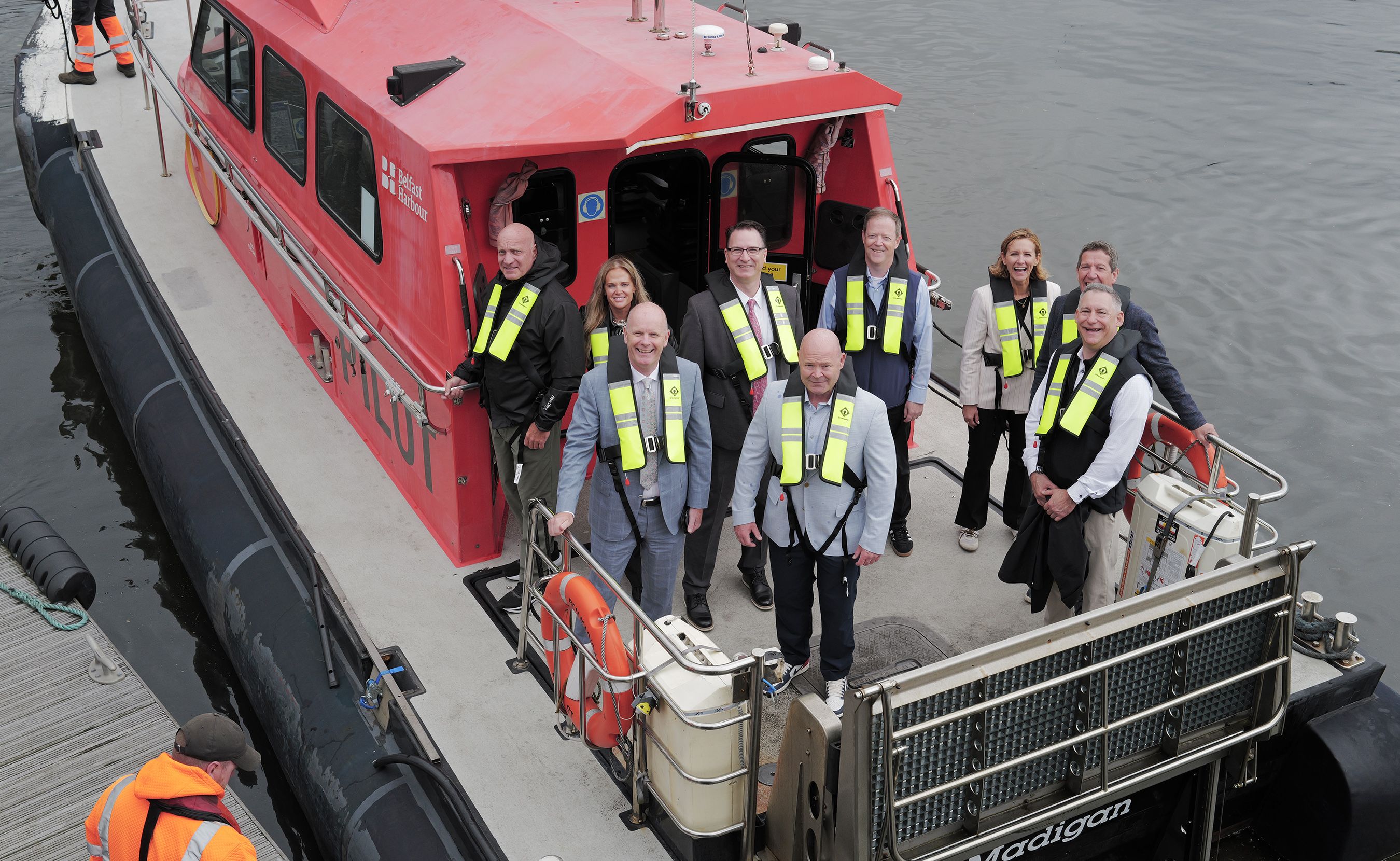 ALL ABOARD: Teamsters and Massport delegations joined Belfast Port officials on a tour of Belfast harbour